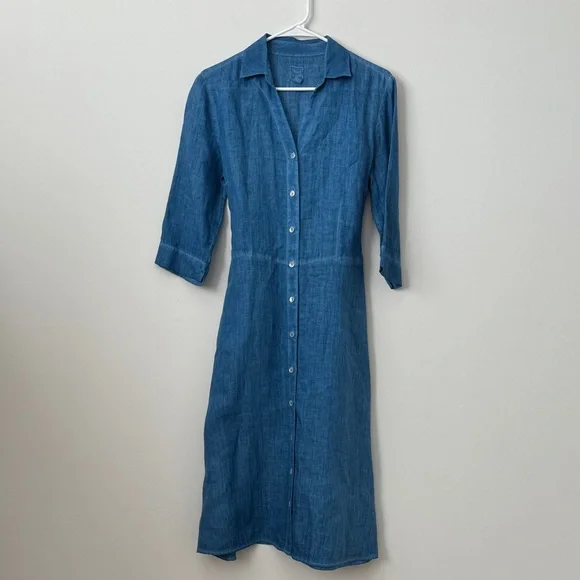120% Lino 100% Linen Blue Button Front Tie Waist Midi Shirt Dress Size: 42 - Picture 1 of 12